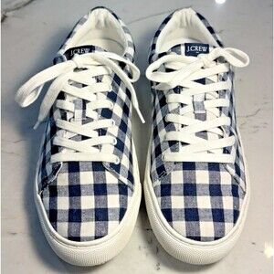 J. Crew Navy Blue White Gingham Plaid Lace Up Tennis Shoe Women Size 10 Canvas